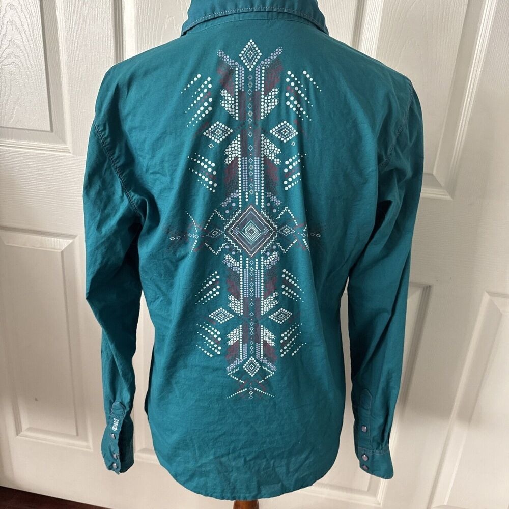 Cruel Women's Western Snap Shirt Large Teal Aztec Print Boho Cowgirl Rodeo FLAW